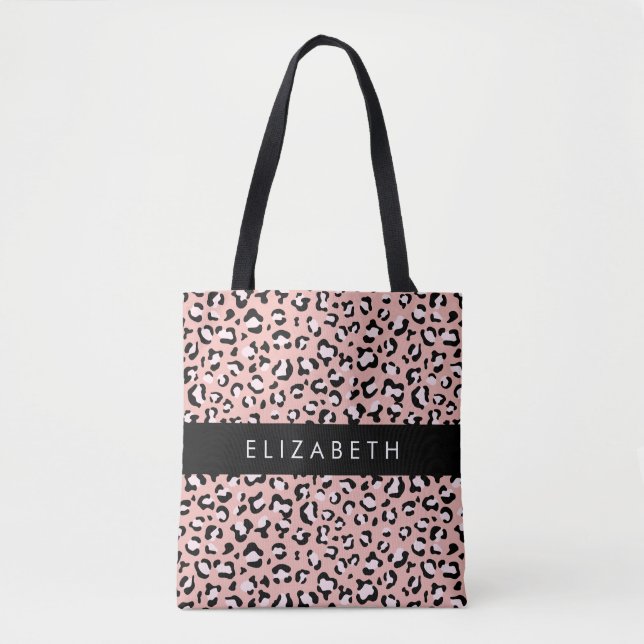Leopard Print, Spots, Pink Leopard, Your Name Tote Bag (Front)