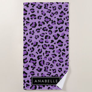 Leopard Print, Spots, Purple Leopard, Your Name Beach Towel
