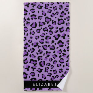 Leopard Print, Spots, Purple Leopard, Your Name Beach Towel