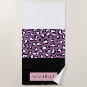 Leopard Print, Spots, Purple Leopard, Your Name Beach Towel