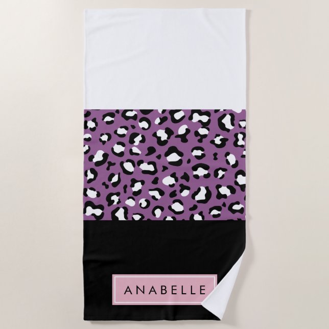 Leopard Print, Spots, Purple Leopard, Your Name Beach Towel (Front)