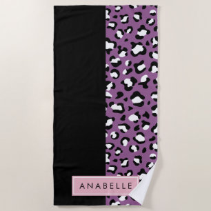 Leopard Print, Spots, Purple Leopard, Your Name Beach Towel