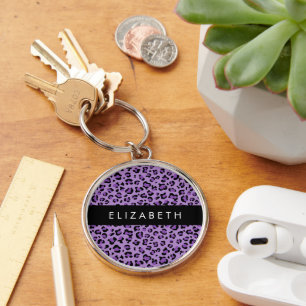 Leopard Print, Spots, Purple Leopard, Your Name Key Ring