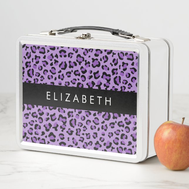 Leopard Print, Spots, Purple Leopard, Your Name Metal Lunch Box (In Situ)