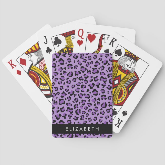 Leopard Print, Spots, Purple Leopard, Your Name Playing Cards (Back)