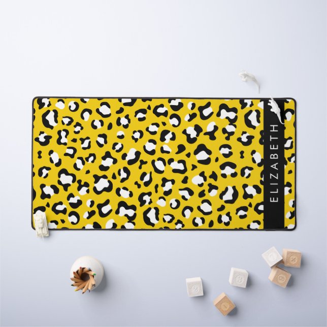 Leopard Print, Spots, Yellow Leopard, Your Name Desk Mat (Kids Table)