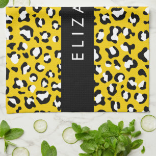 Leopard Print, Spots, Yellow Leopard, Your Name Tea Towel
