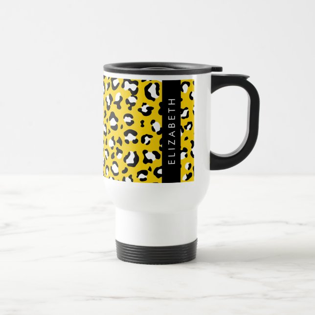 Leopard Print, Spots, Yellow Leopard, Your Name Travel Mug (Right)