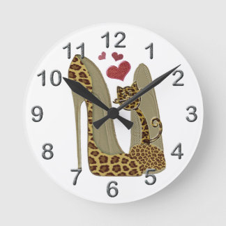 Leopard print Stiletto Shoes and Cute Cat Hearts Round Clock