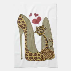 Leopard print Stiletto Shoes and Cute Cat Hearts Tea Towel