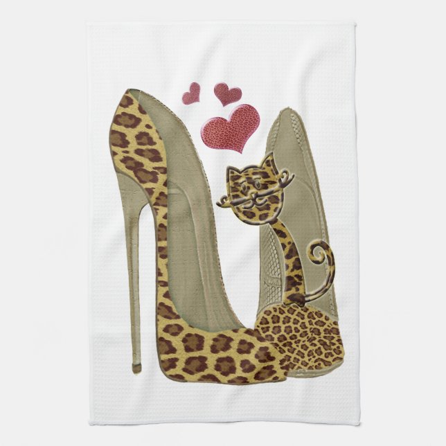Leopard print Stiletto Shoes and Cute Cat Hearts Tea Towel (Vertical)