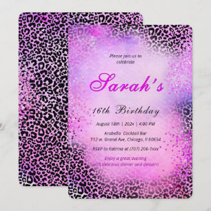 Leopard Print Sweet 16 Pink Glitter Invitation