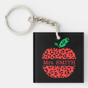 Leopard Print Teacher's Red Apple Key Ring