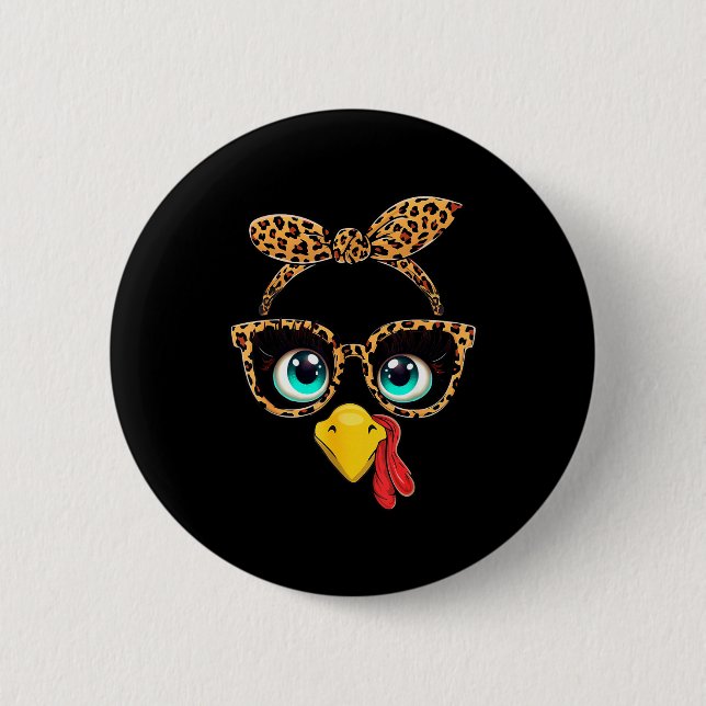 Leopard Print Thanksgiving Funny Turkey Face Gles  6 Cm Round Badge (Front)