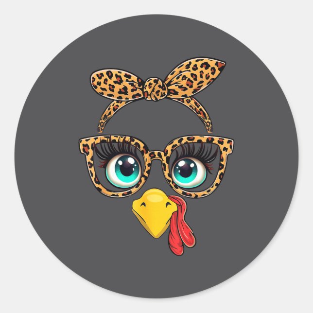 Leopard Print Thanksgiving Funny Turkey Face Gles  Classic Round Sticker (Front)