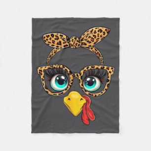 Leopard Print Thanksgiving Funny Turkey Face Gles  Fleece Blanket