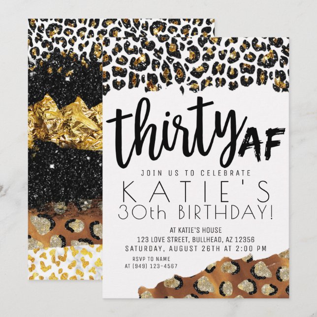 Leopard Print Thirty AF Gold Glitter Birthday Invitation (Front/Back)