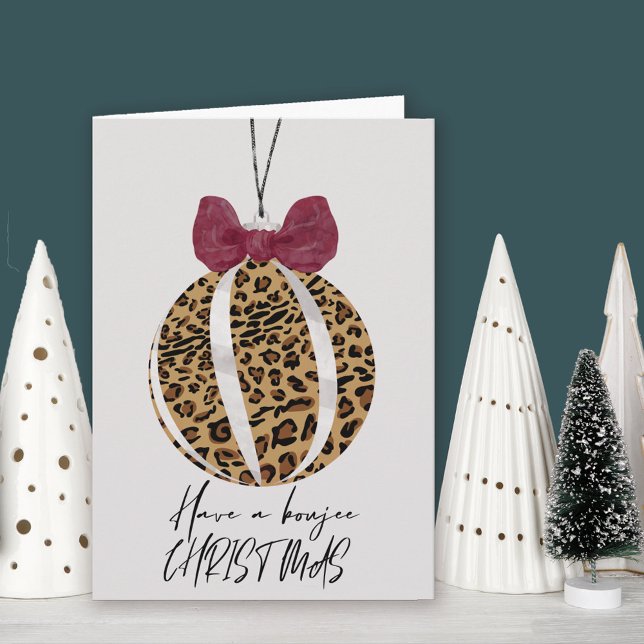 Leopard Print Tree Ornament Boujee Christmas Card (Leopard Print Bauble Christmas Card. Buy professionally printed or as printable digital download.)