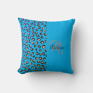 Leopard Print Two Tone Amethyst Blue Name Monogram Cushion