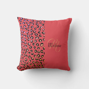 Leopard Print Two Tone Red Coral Name Monogram  Cushion
