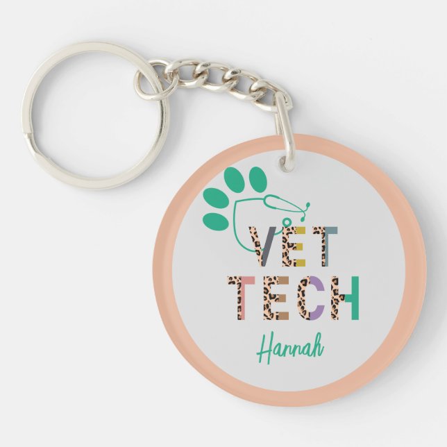 Leopard Print Vet Tech Stethoscope with Name  Key Ring (Front)