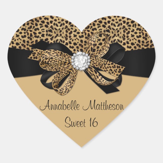 Leopard Print White Jewel Diamonds Sweet 16 Hear Heart Sticker (Front)