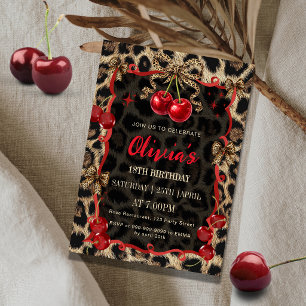 Leopard Print Wild Cherry Glam Birthday Invitation
