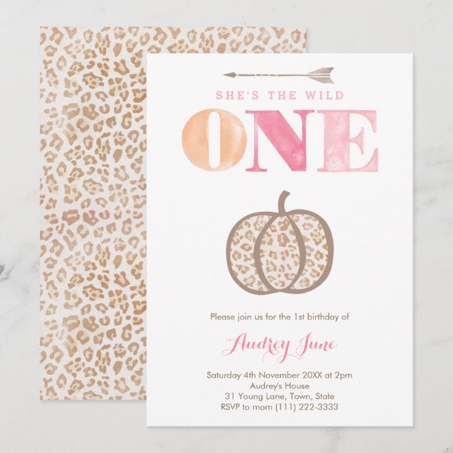 Leopard Print Wild One Pumpkin 1st Birthday Party Invitation (Front/Back)