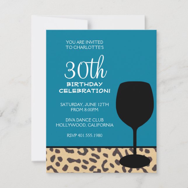 leopard print wine birthday invitation (Front)