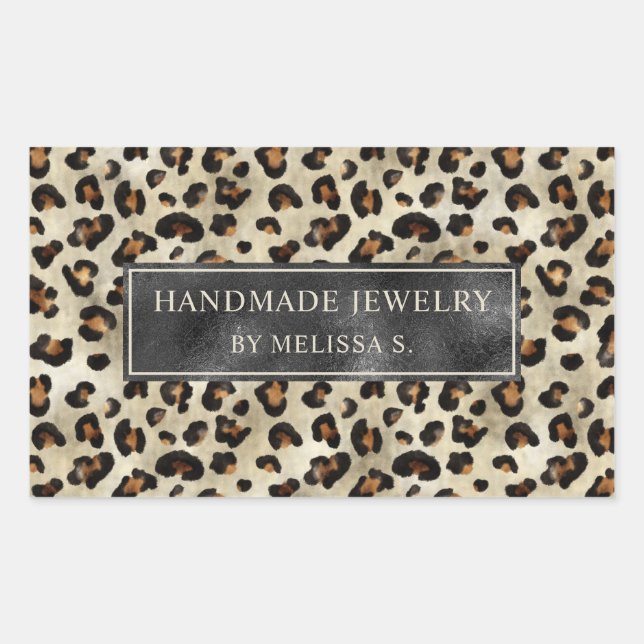 Leopard Print With Faux Black Foil And Custom Text Rectangular Sticker (Front)