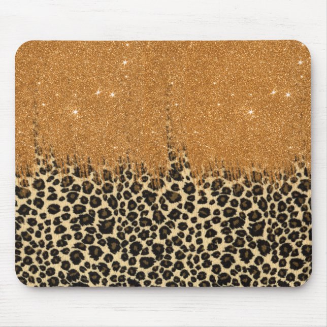 Leopard Print with Gold Faux Glitter Brush Stroke Mouse Mat (Front)