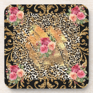 leopard print with roses and gold glitter coaster