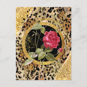 leopard print with roses and gold glitter postcard