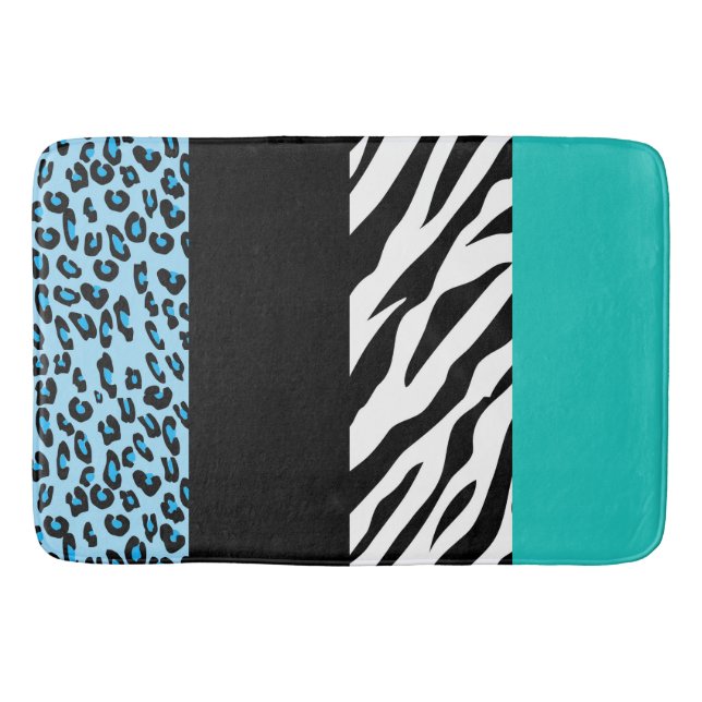Leopard Print, Zebra Print, Animal Print, Blue Bath Mat (Front)