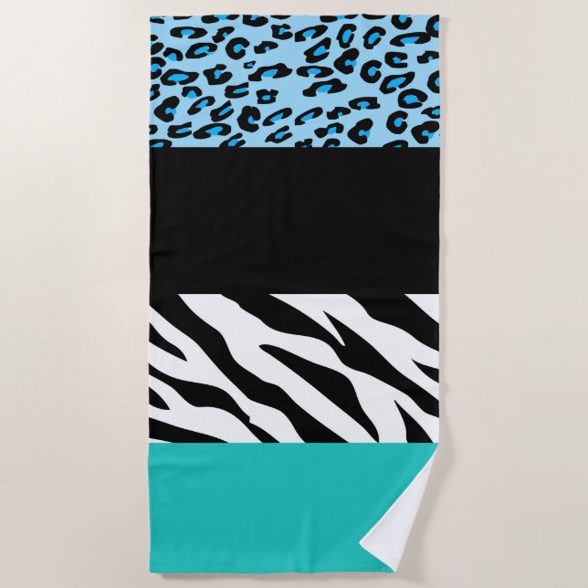 Leopard Print, Zebra Print, Animal Print, Blue Beach Towel (Front)