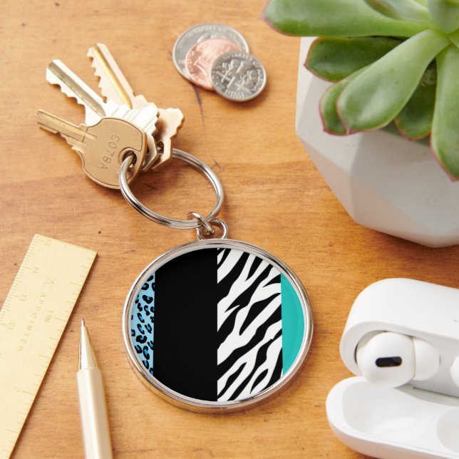 Leopard Print, Zebra Print, Animal Print, Blue Key Ring (Desk)