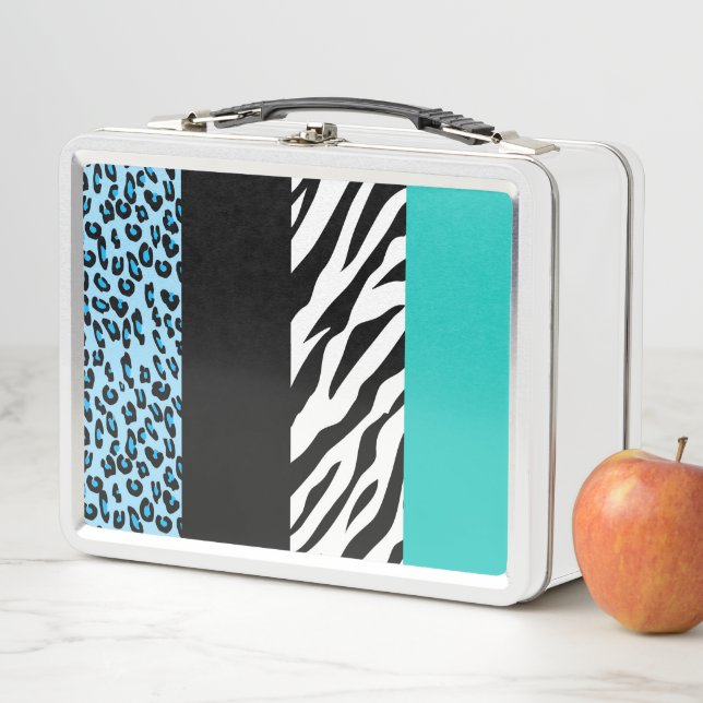 Leopard Print, Zebra Print, Animal Print, Blue Metal Lunch Box (In Situ)