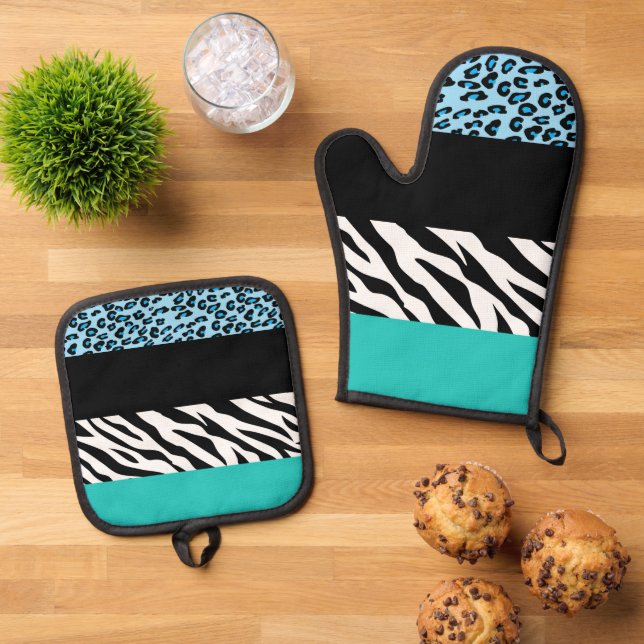 Leopard Print, Zebra Print, Animal Print, Blue Oven Mitt & Pot Holder Set (Top Down)