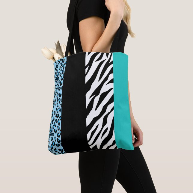 Leopard Print, Zebra Print, Animal Print, Blue Tote Bag (Close Up)