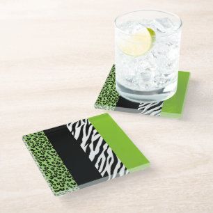Leopard Print, Zebra Print, Animal Print, Green Glass Coaster