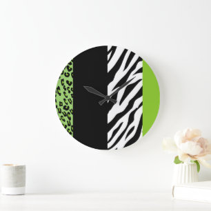 Leopard Print, Zebra Print, Animal Print, Green Large Clock