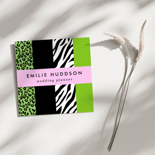 Leopard Print, Zebra Print, Animal Print, Green Square Business Card (Creator Uploaded)