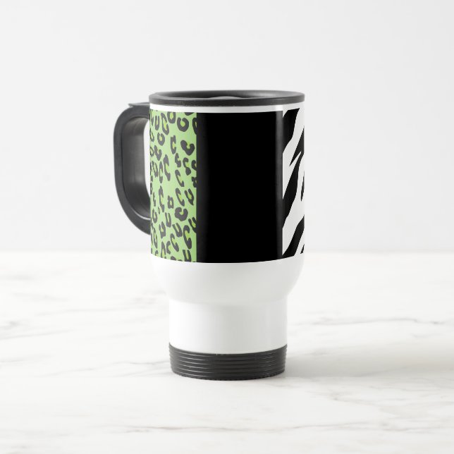 Leopard Print, Zebra Print, Animal Print, Green Travel Mug (Front Left)