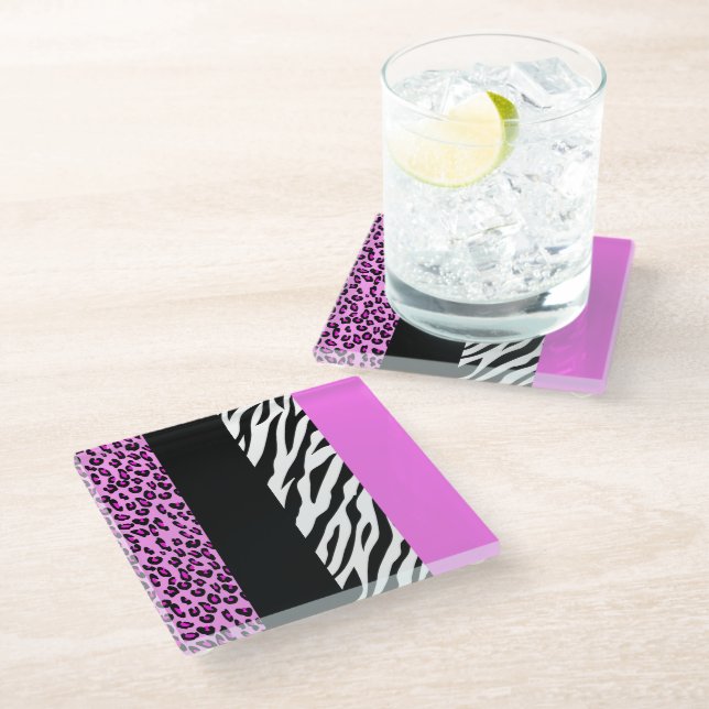 Leopard Print, Zebra Print, Animal Print, Pink Glass Coaster (Angled)