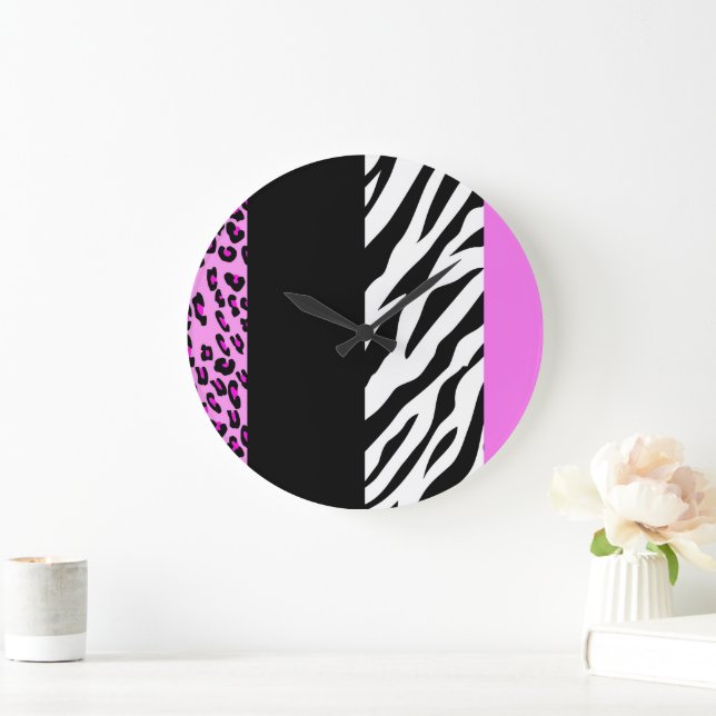Leopard Print, Zebra Print, Animal Print, Pink Large Clock (Home)