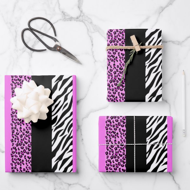 Leopard Print, Zebra Print, Animal Print, Pink Wrapping Paper Sheet (Front)