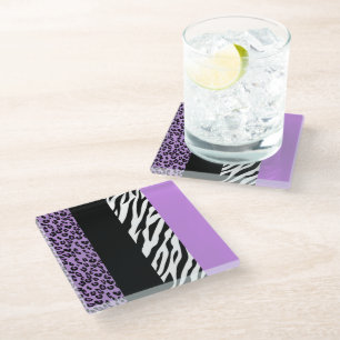 Leopard Print, Zebra Print, Animal Print, Purple Glass Coaster