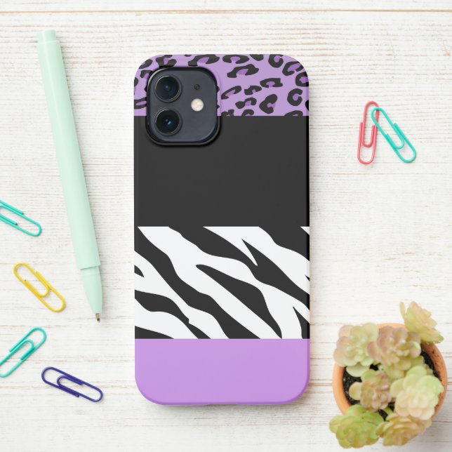 Leopard Print, Zebra Print, Animal Print, Purple iPhone Case (On Desk)
