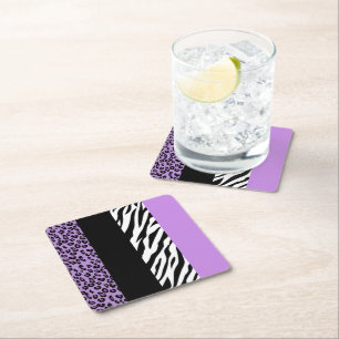 Leopard Print, Zebra Print, Animal Print, Purple Square Paper Coaster