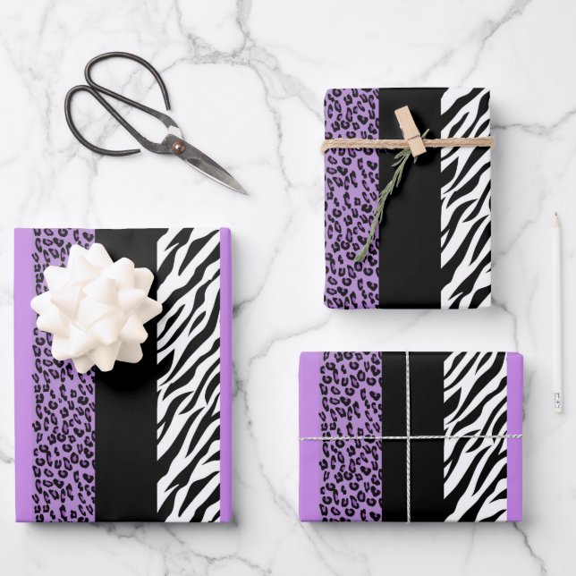 Leopard Print, Zebra Print, Animal Print, Purple Wrapping Paper Sheet (Front)